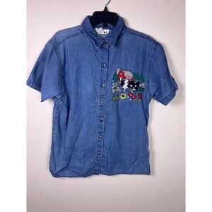Effeci Vintage‎ Denim Button Down Shirt Embroidered  Farm Scene Sz M
